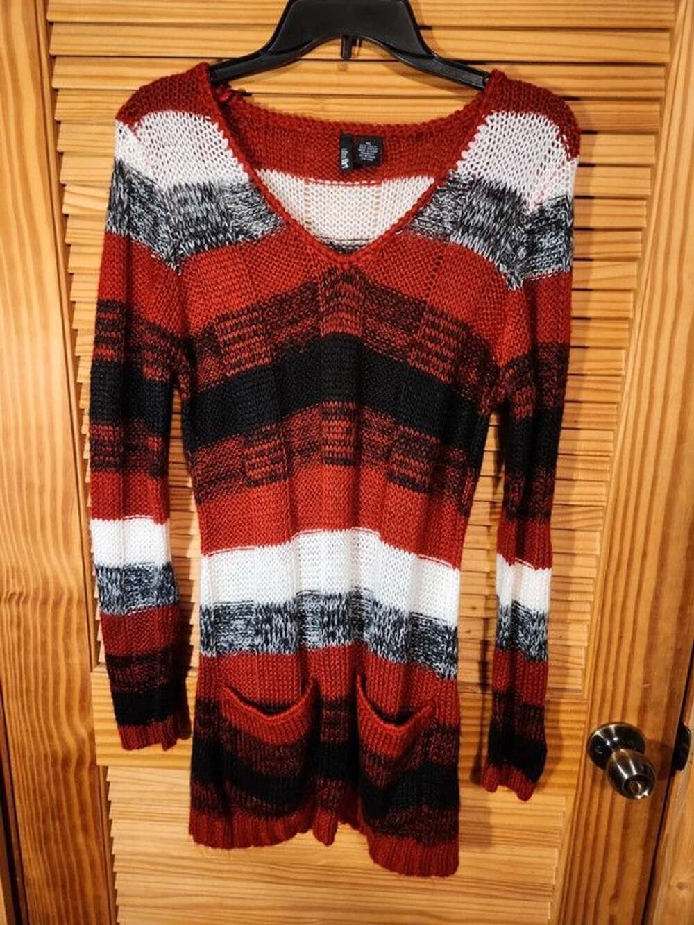 Ultra Flirt Y2K Grunge Striped V-Neck Tunic Sweater with Pockets - Size XL/Junio